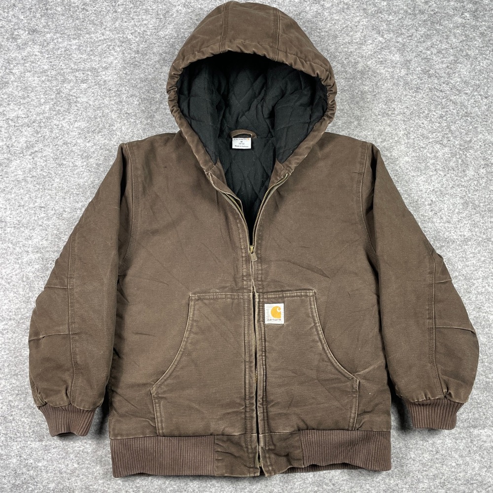 Carhartt Active Jacket Boys M (10-12) Brown Quilted Lined Hooded Canvas Duck